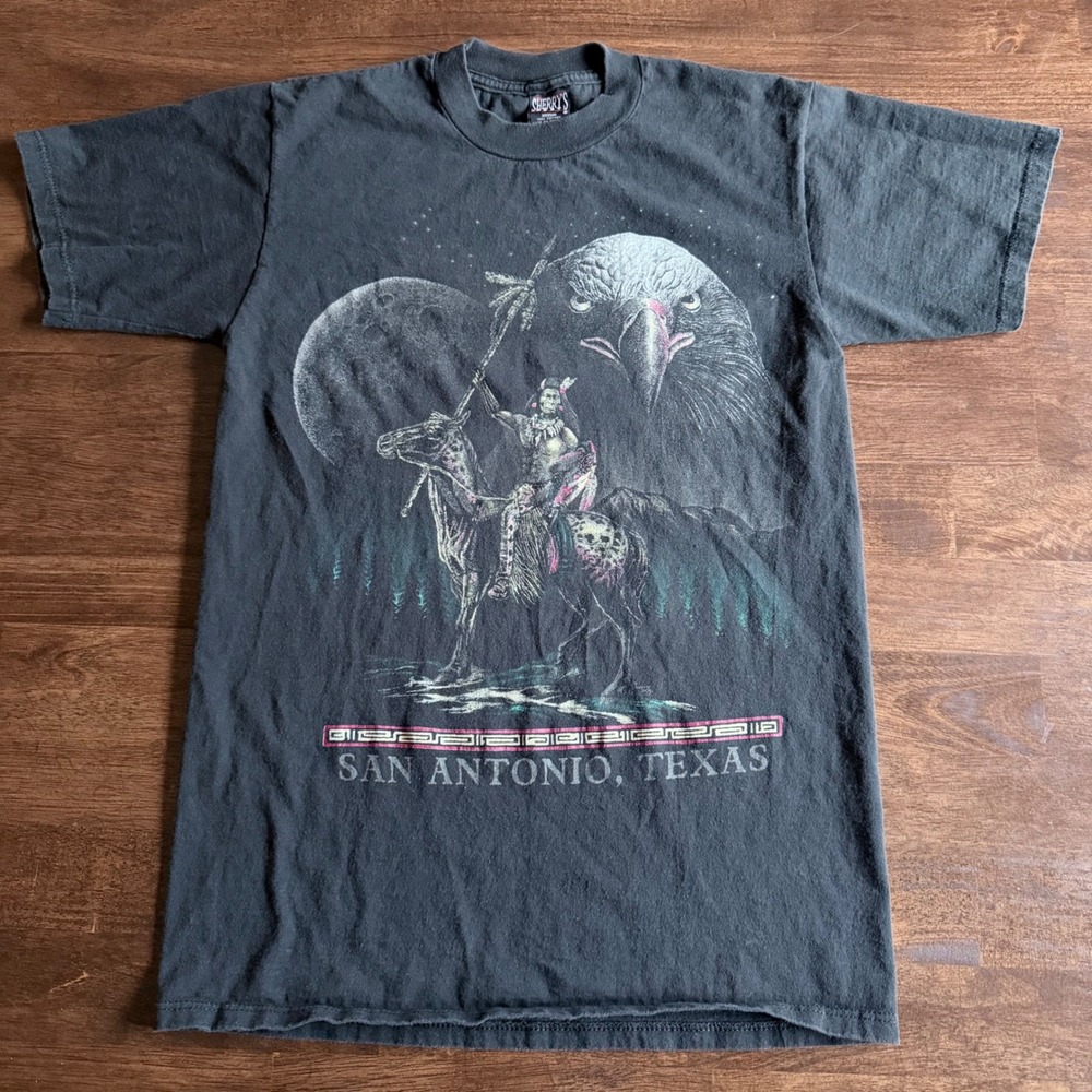 Vintage Sherrys Best San Antonio Texas Graphic T-Shirt Black Medium Eagle Horse